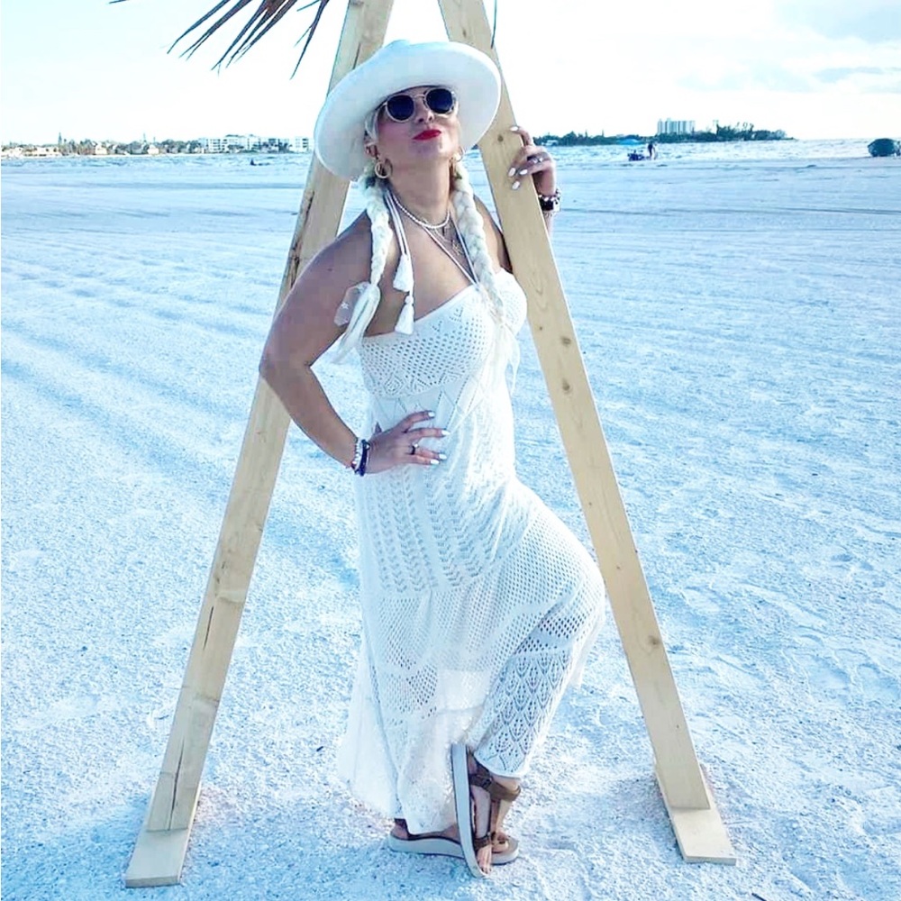 Farm Rio x Anthropologie Boho Cream Crochet Knit Maxi Dress